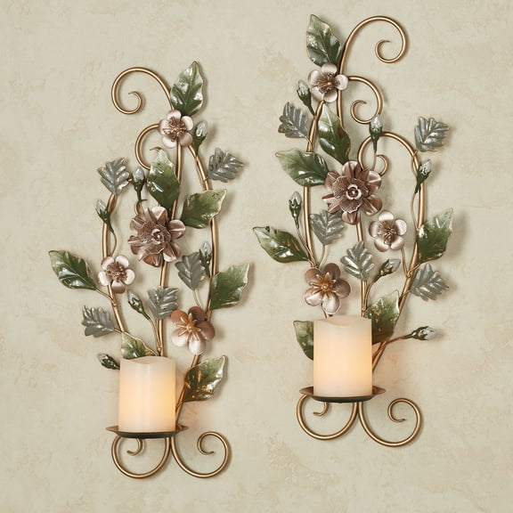 Touch of Class Metal Flowers Wall Sconces, Multi Pastel Pink/Green, Set of Two, 12x5x22 in
