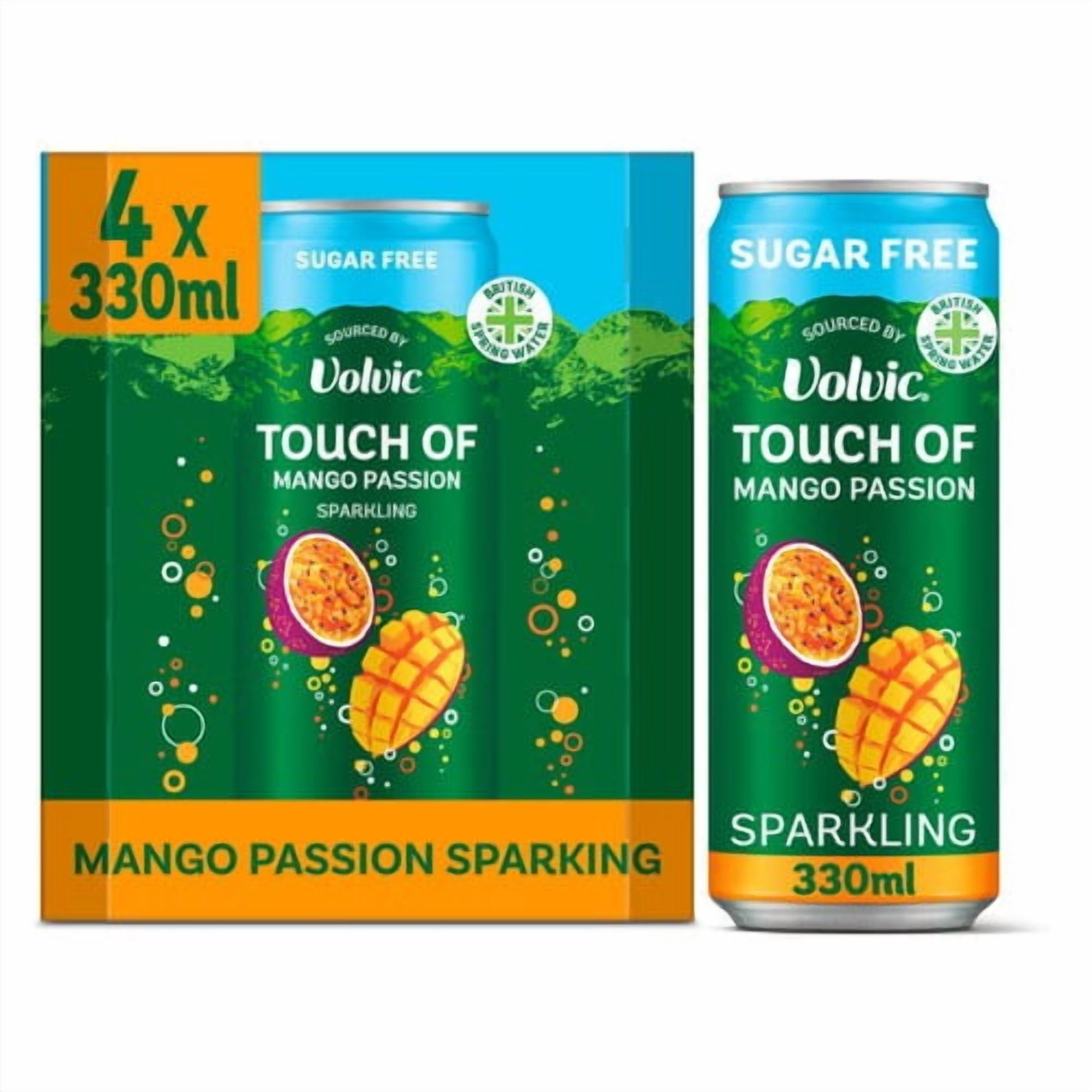 Touch of Mango Passion Sparkling Sugar Free Flavoured Water by Volvic 4 x 330ml, British Import (Pack of 2)