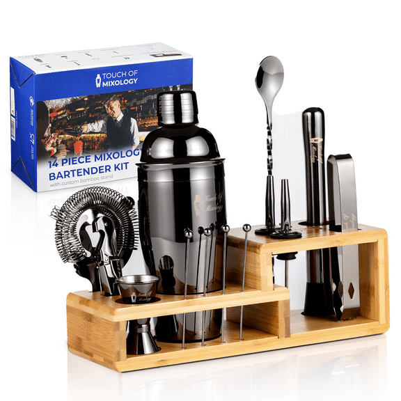Touch of Mixology 14-Piece Stainless Steel Cocktail Bartender Kit with Shaker (Dark Metallic)