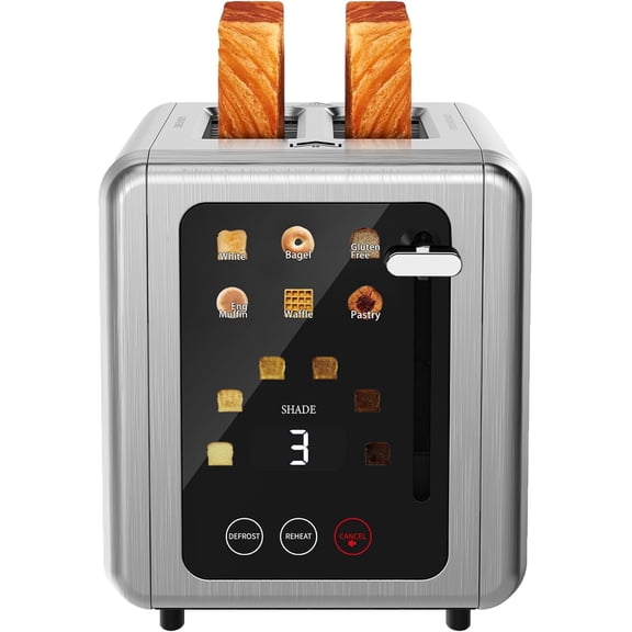 Touch screen Toasters 2 slice, Stainless Steel Digital Timer Toaster with Sound Function, 6 Bread Types & Shade Settings, Smart Extra Wide Slots Bagel, Defrost Functions,Platinum