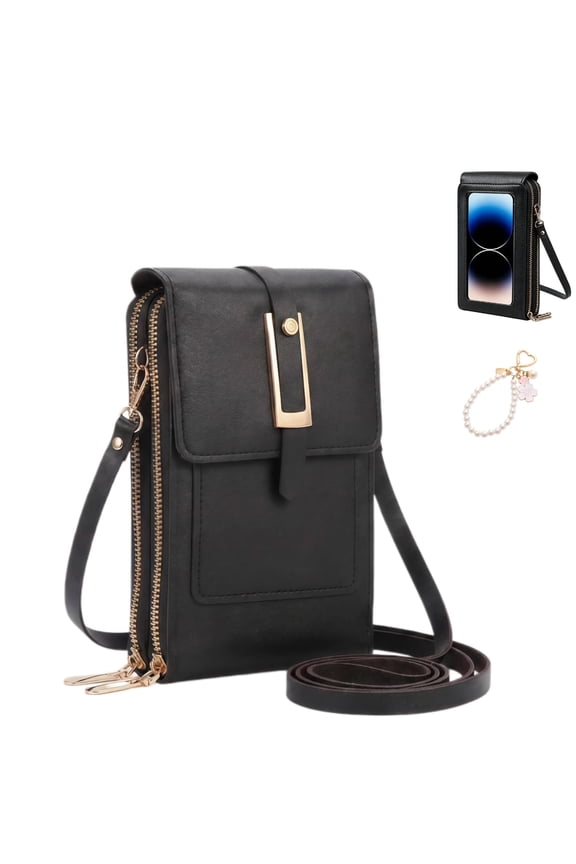 TouchScreen Crossbody Phone Bag for Women, Anti-Theft Leather Cell Phone Purse with Clear Window, Small Travel Shoulder Bag for Shopping & Everyday Use, Black