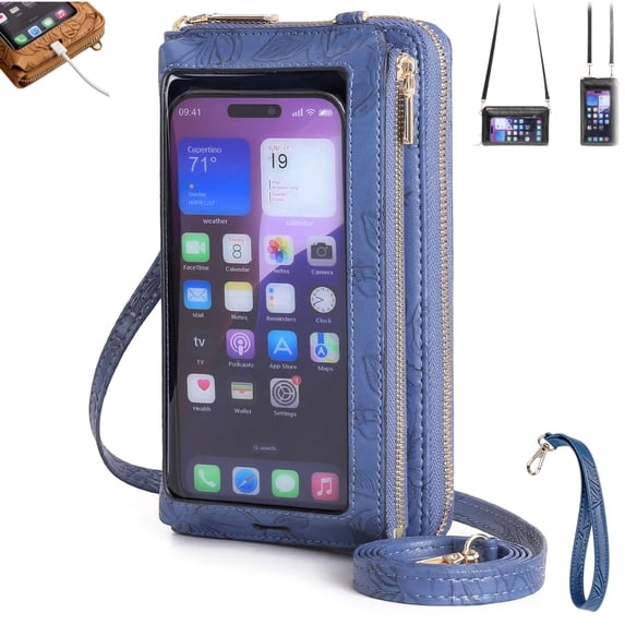 TouchScreen Phone Crossbody Bag for Women, Anti Theft Leather Cell Phone Small Purse with Clear Window, Detachable Strap & Wristlet for Travel, Shopping & Everyday Use-Blue