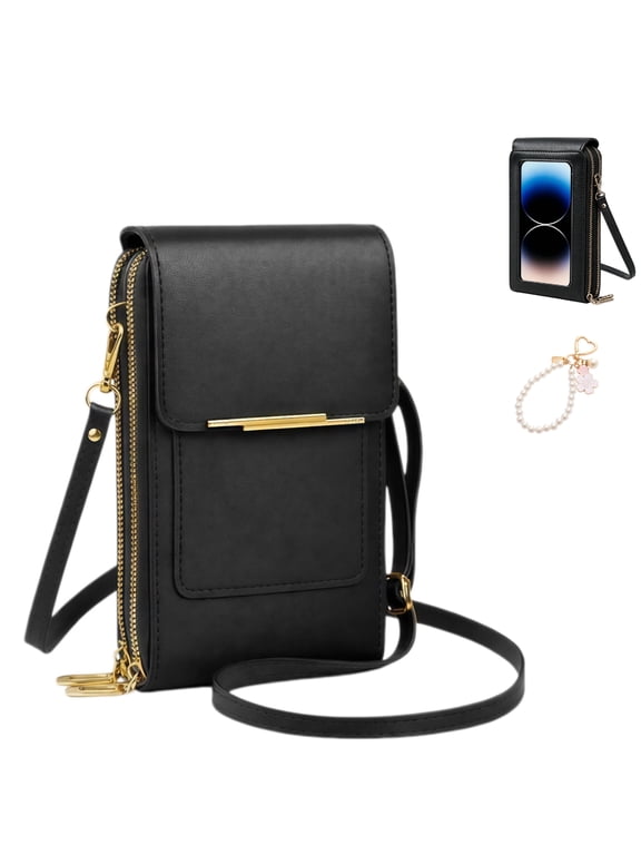 Touchscreen Phone Crossbody Bag for Women, Blocking Leather Cell Phone Purse with Clear Window, Small Crossbody Wallet with Adjustable Strap for Travel Shopping-Black