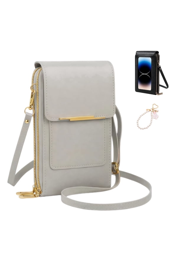 TouchScreen Phone Crossbody Bag for Women, Anti Theft Leather Cell Phone Small Purse with Clear Window for Travel, Shopping & Everyday Use-Gray