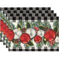 thumbnail image 1 of HomeEver Black White Buffalo Plaid Holly Pine Cones Christmas Balls Placemats Set of 4, 12x18 Inch Seasonal Winter Table Mats for Party Kitchen Dining Decor, 1 of 6