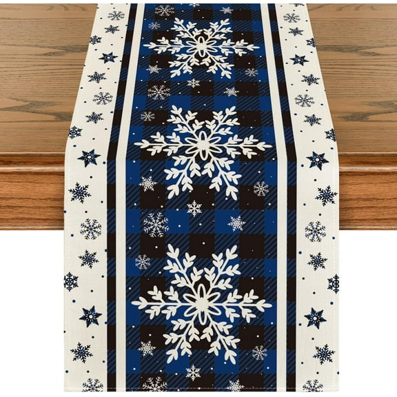 Touchbetter Buffalo Plaid Snowflakes Blue Christmas Table Runner, Seasonal Winter Kitchen Dining Table Decoration for Home Party Decor 13x48 Inch