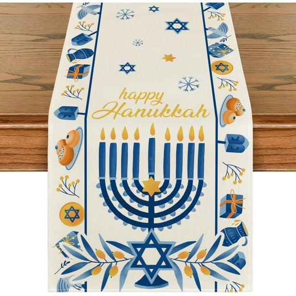 Touchbetter Happy Hanukkah Menorah Table Runner, Seasonal Chanukah Kitchen Dining Table Decoration for Outdoor Home Party 13x72 Inch