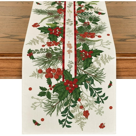 Touchbetter Holly Pine Cone Leaves Floral Christmas Table Runner, Seasonal Winter Kitchen Dining Table Decoration for Home Party Decor 13x120 Inch