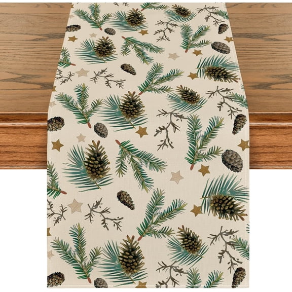 Touchbetter Pine Cone Leaves Stars Merry Christmas Table Runner, Seasonal Winter Green Kitchen Dining Table Decoration for Home Party Decor 13x90 Inch