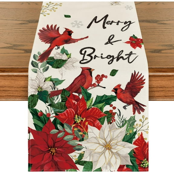 Touchbetter Poinsettia Birds Snowflake Merry Christmas Table Runner, Seasonal Winter Floral Kitchen Dining Table Decoration for Home Party Decor 13x90 Inch