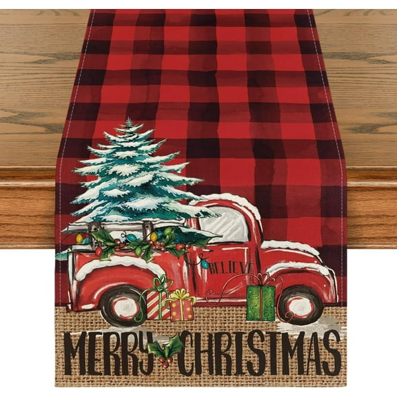 Touchbetter Red and Black Buffalo Plaid Merry Christmas Tree Table Runner, Seasonal Truck Gifts Kitchen Dining Table Decoration for Outdoor Home Party 13x72 Inch
