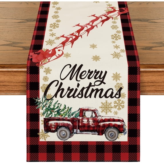 Touchbetter Red and Black Buffalo Plaid Truck Merry Christmas Table Runner, Seasonal Winter Xmas Holiday Kitchen Dining Table Decoration for Indoor Outdoor Home Party Decor 13 x 72 Inch