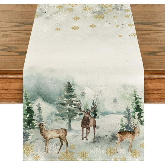 Touchbetter Watercolor Deer Trees Snowflakes Christmas Table Runner, Seasonal Winter Xmas Holiday Kitchen Dining Table Decoration for Home Party Decor 13x48 Inch