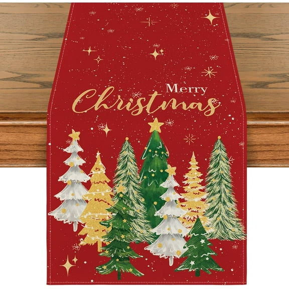 Touchbetter Xmas Trees Merry Christmas Table Runner, Seasonal Winter Red Kitchen Dining Table Decoration for Home Party Decor 13x48 Inch