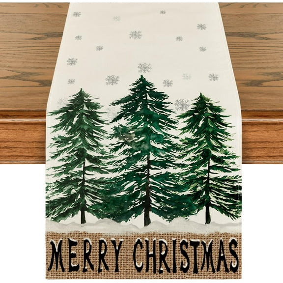 Touchbetter Xmas Trees Snowflake Merry Christmas Table Runner, Seasonal Winter Green Kitchen Dining Table Decoration for Home Party Decor 13x120 Inch