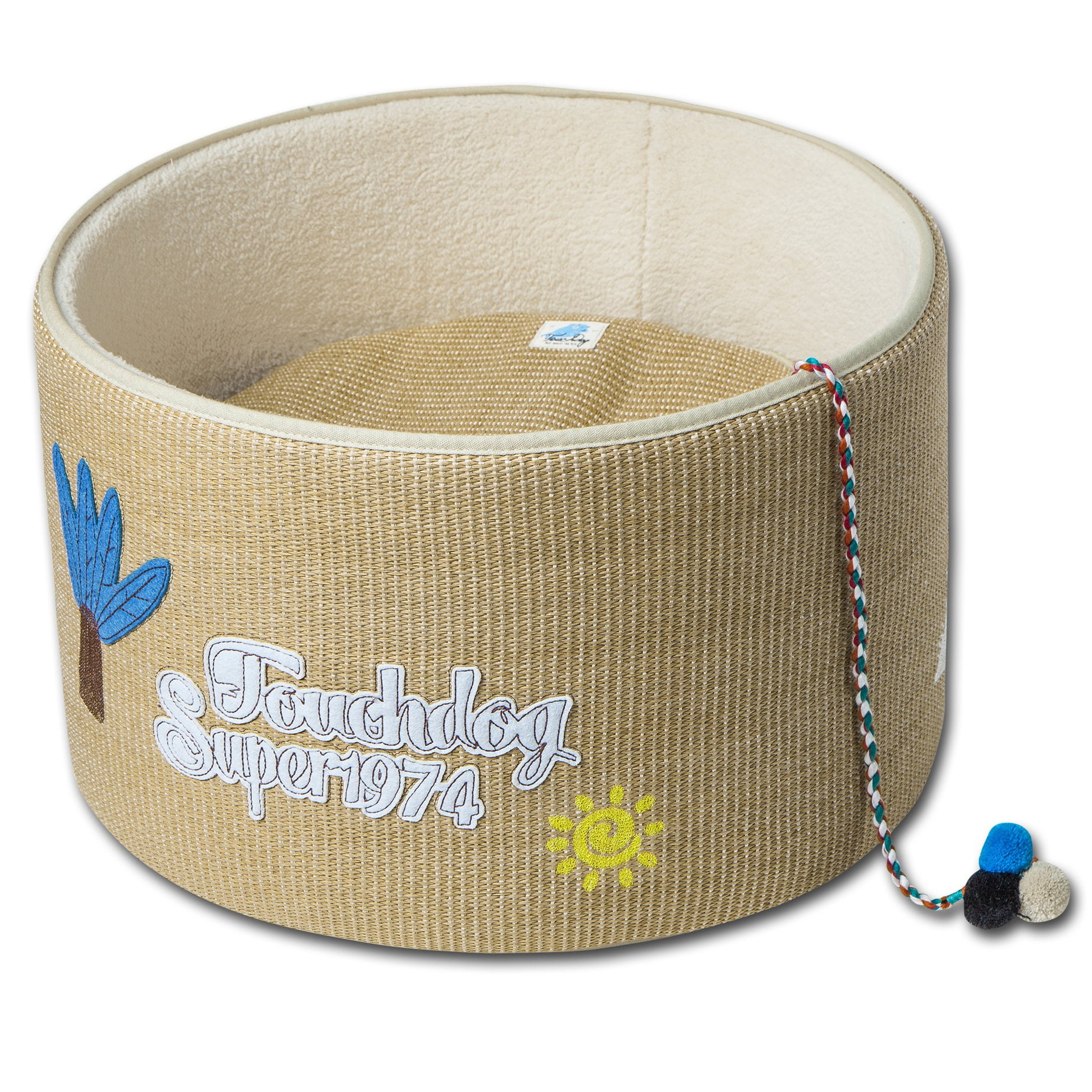 Touchcat Beige Round Wool Cat Bed with Teaser Toy