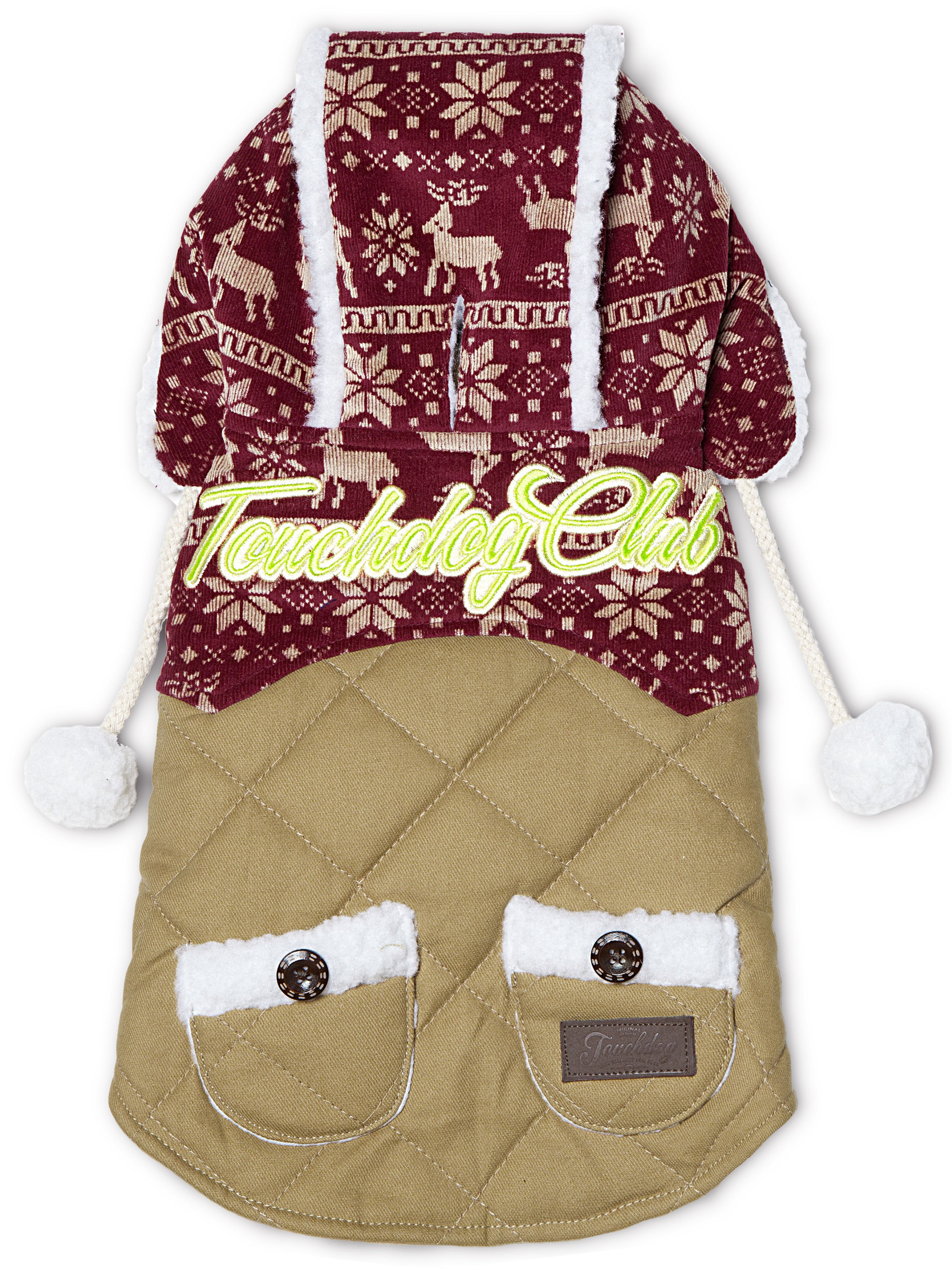 Medium Red and Beige Hooded Dog Sweater with Pom Poms