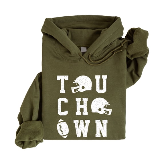 Touchdown Football Hoodie Distressed Game Day Tailgate Pullover Sweatshirt, Army Green, L