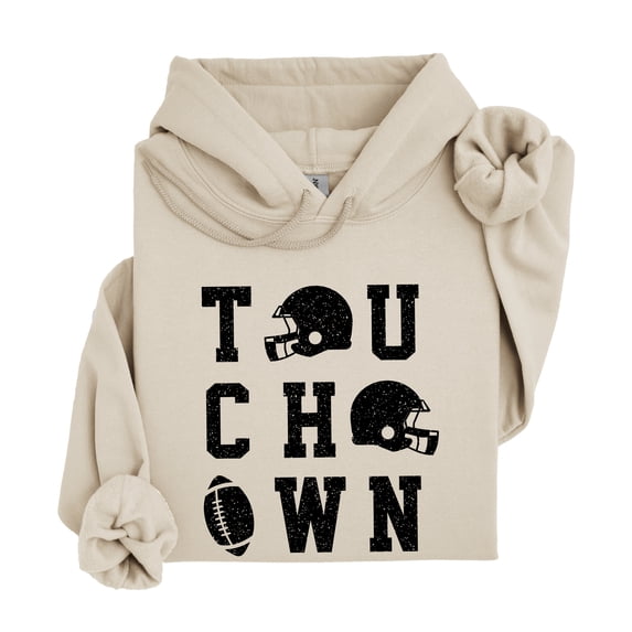 Touchdown Football Hoodie Distressed Game Day Tailgate Pullover Sweatshirt, Sand, L