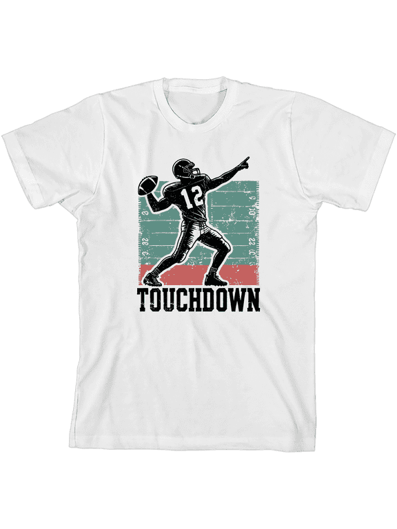 "Touchdown" Football Sports Youth White Crew Neck Short Sleeve Tee-XL