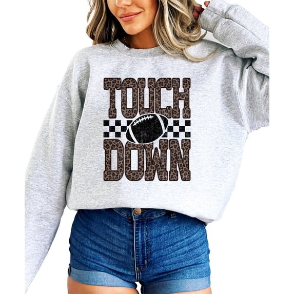 Touchdown Football Sweatshirt Women Leopard Print Game Day Crewneck Gray Large