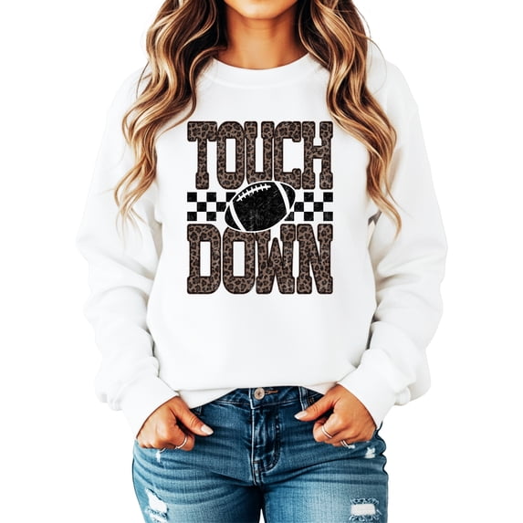 Touchdown Football Sweatshirt Women Leopard Print Game Day Crewneck White Medium