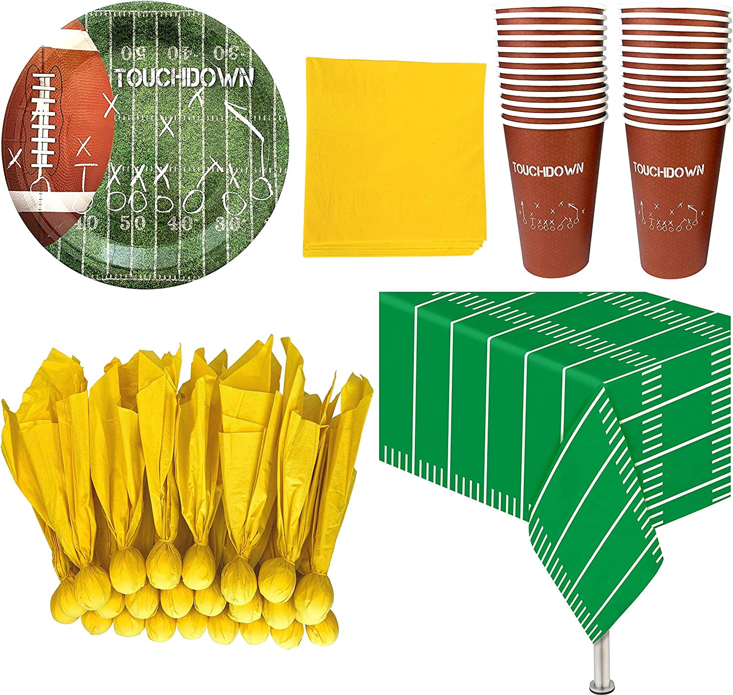 Touchdown Party Pack - 24 Football Themed Cups, Plates, Napkins & Tablecloth | Perfect for Super Bowl, NFL Draft, Fantasy Football and Kids Parties