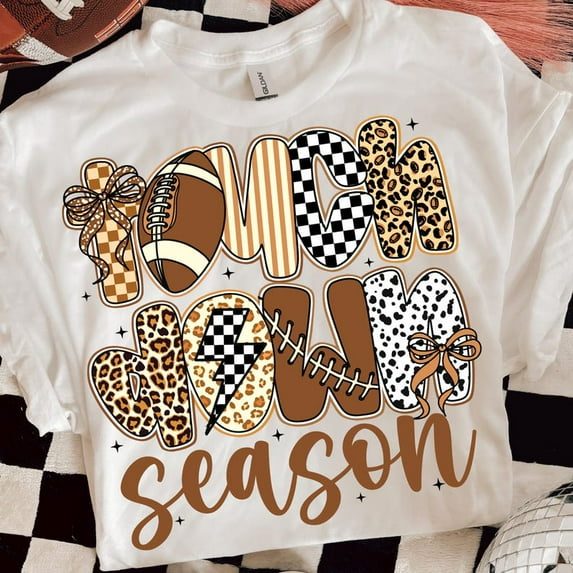 Touchdown Season Football T-Shirt - Fall Game Day Graphic Tee, Checkered Bow Football Mama Shirt, Sport Fan Top