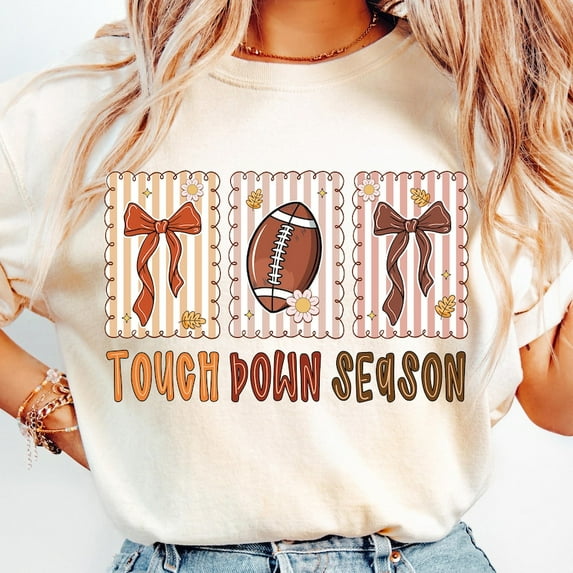 Touchdown Season Football T-Shirt, Fall Game Day Tee, Coquette Girly Football Mama Shirt, ’Tis the Season Football Graphic Tee for Women