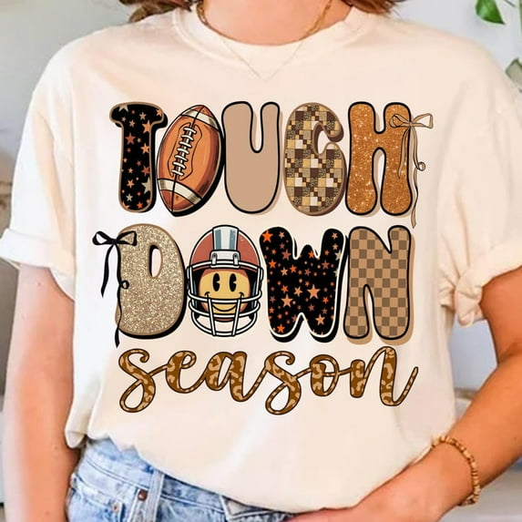 Touchdown Season Football T-Shirt for Women, Retro Football Graphic Tee, Funny Football Mom Shirt with Checkered Design for Game Day