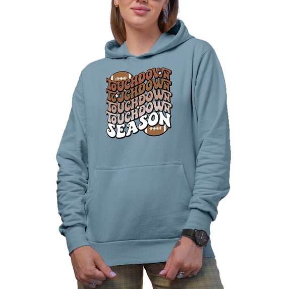 Touchdown Season, Football Themed, Groovy Retro Wavy Text Merch Gift, Light Blue Hooded Sweatshirt or Hoodie, Medium