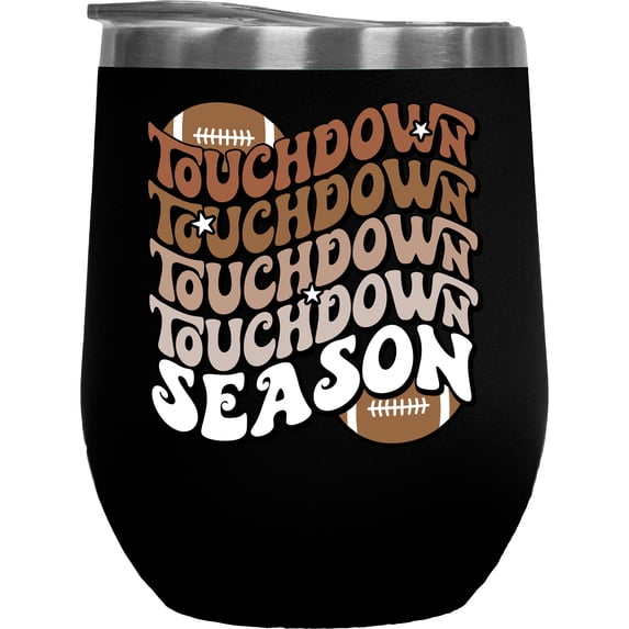 Touchdown Season, Football or Ball Sports Themed, Groovy Retro Wavy Text Merch Gift, Black 12oz Wine Tumbler