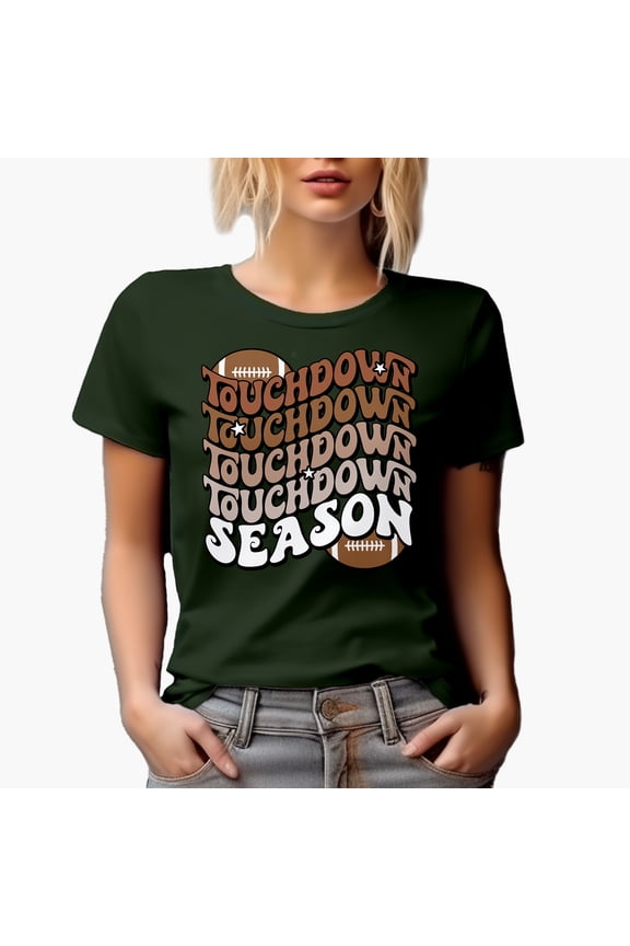 Touchdown Season, Football or Ball Sports Themed, Groovy Retro Wavy Text Merch Gift, Military Green T-Shirt, Medium