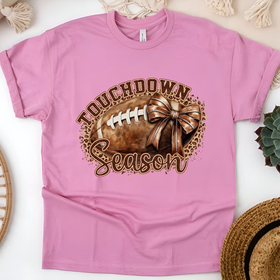 Touchdown Season Shirt | Leopard Bow Football Graphic Tee for Women, Azalea, Size XL