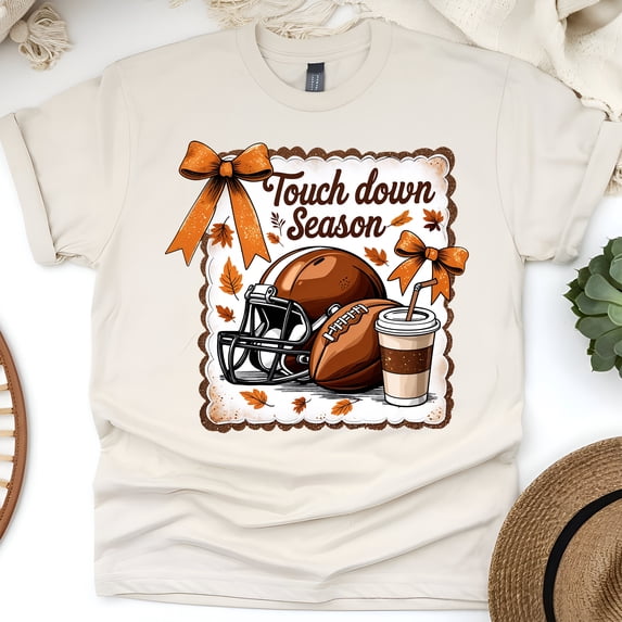 Touchdown Season T-Shirt | Fall Football Coffee and Bow Game Day Tee, Natural, Size M
