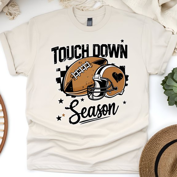 Touchdown Season T-Shirt | Football and Helmet Game Day Graphic Tee, Natural, Size L