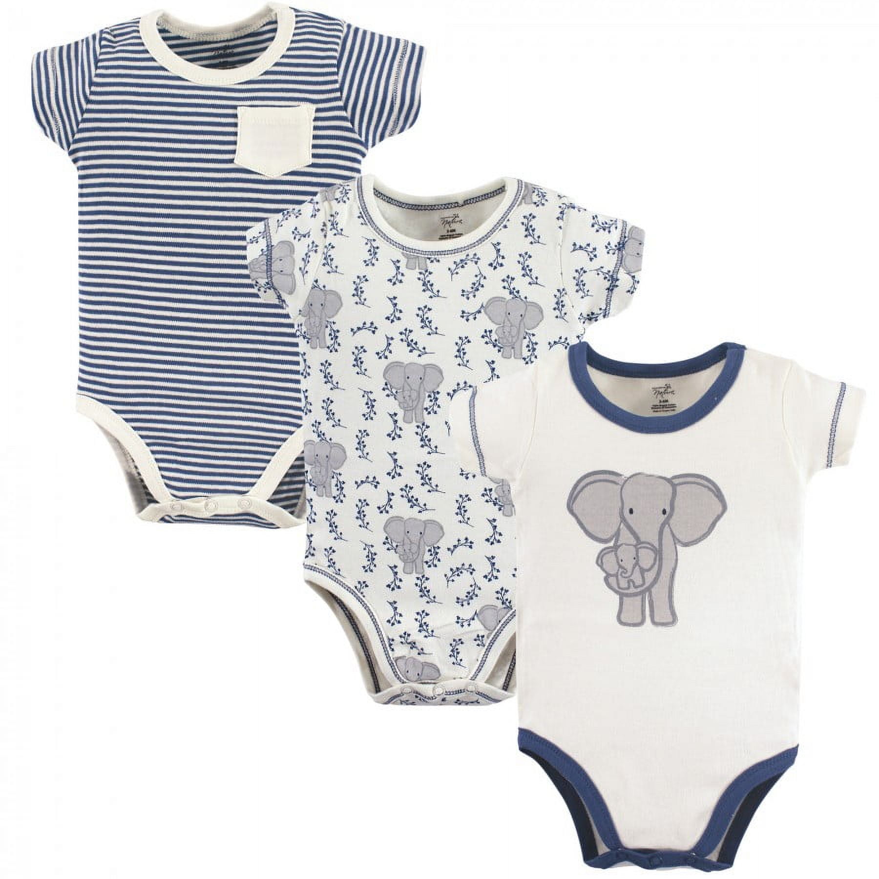 Touched by Nature Baby Boy Organic Cotton Bodysuits 3pk, Elephant, 12-18 Months