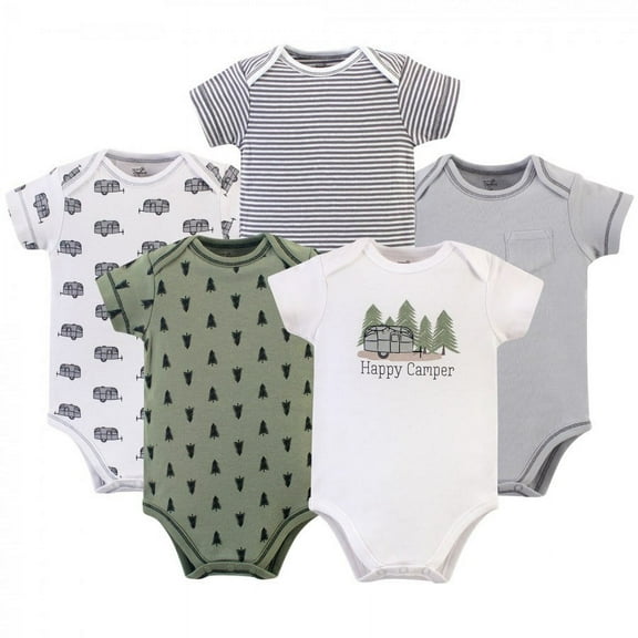 Touched by Nature Baby Boy Organic Cotton Bodysuits 5pk, Happy Camper, 0-3 Months
