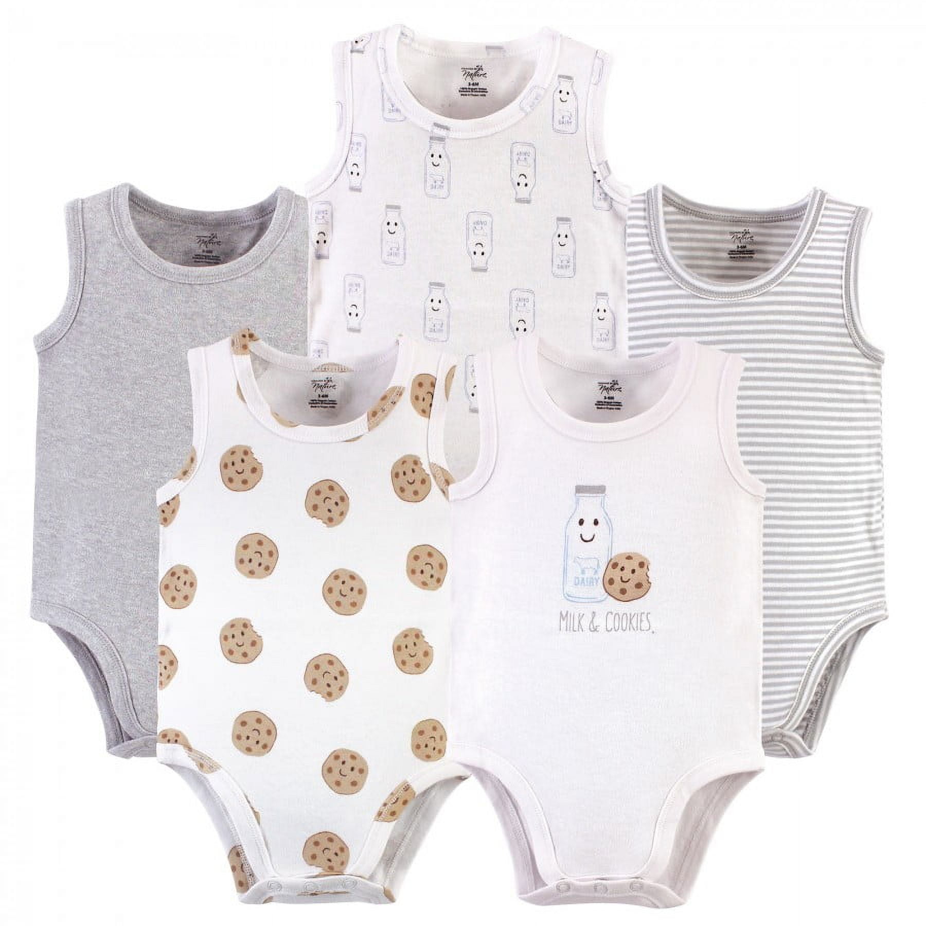 Touched by Nature Baby Boy Organic Cotton Bodysuits 5pk, Milk & Cookies, 6-9 Months