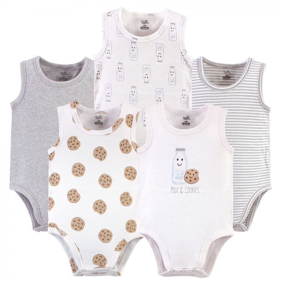 Touched by Nature Baby Boy Organic Cotton Bodysuits 5pk, Milk & Cookies