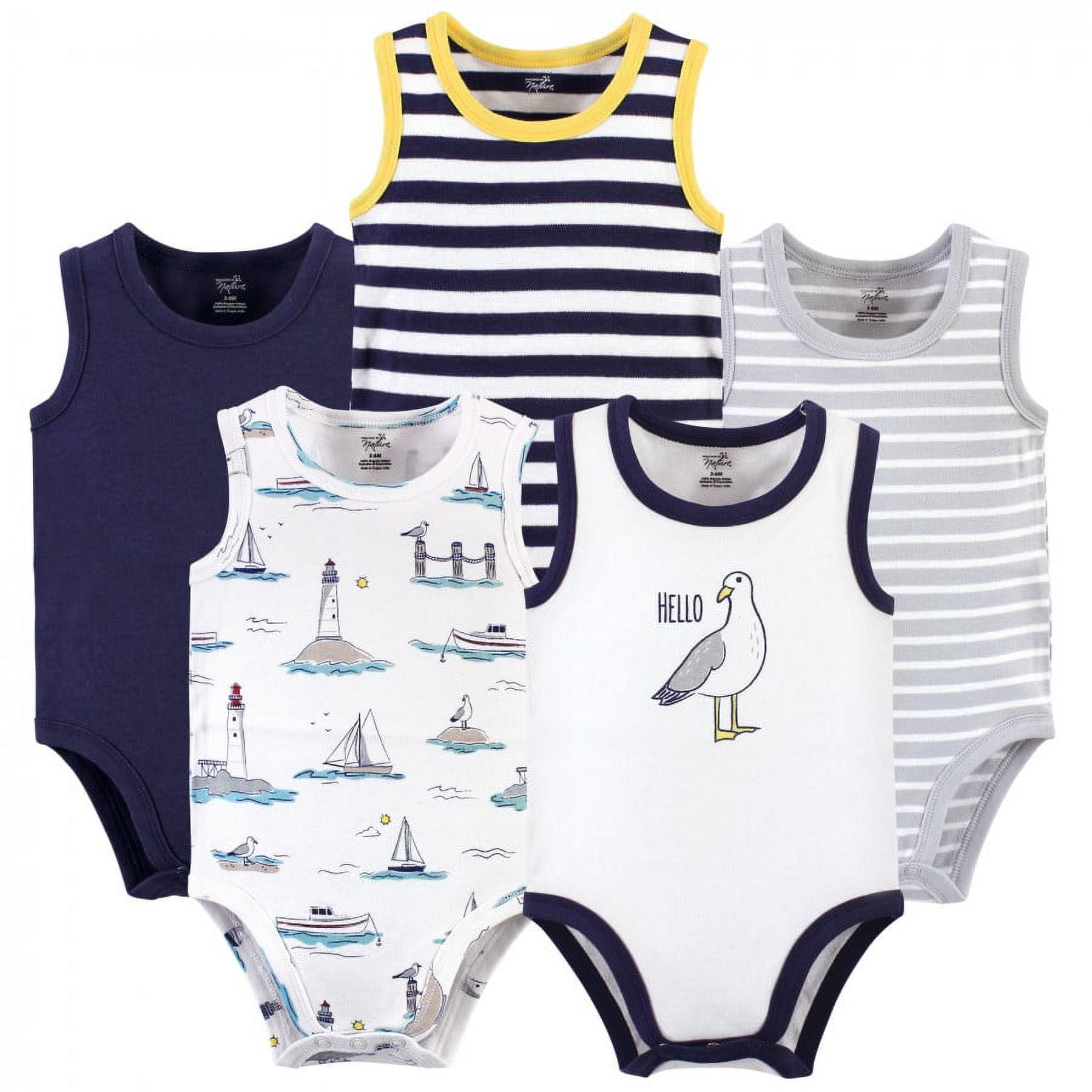Touched by Nature Baby Boy Organic Cotton Bodysuits 5pk, Seagull, 3-6 Months
