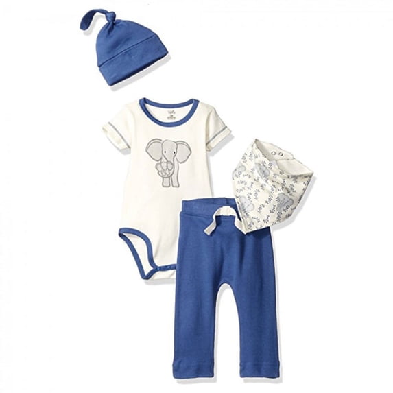 Touched by Nature Baby Boy Organic Cotton Layette Set 4-Piece, Elephant, 0-3 Months