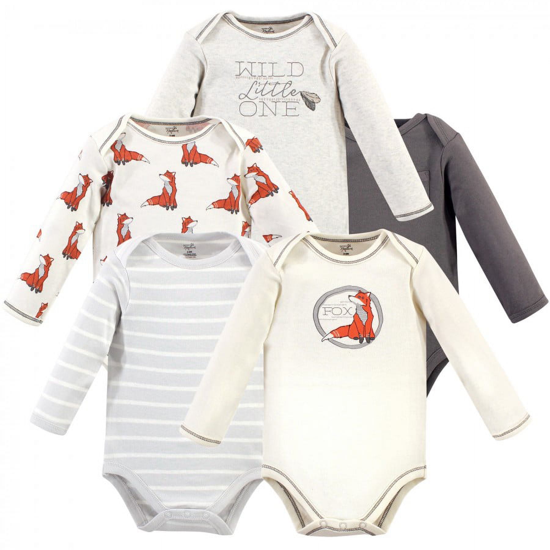 Touched by Nature Baby Boy Organic Cotton Long-Sleeve Bodysuits 5pk, Boho Fox, 9-12 Months