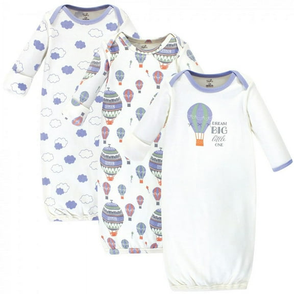 Touched by Nature Baby Boy Organic Cotton Long-Sleeve Gowns 3pk, Hot Air Balloon, 0-6 Months
