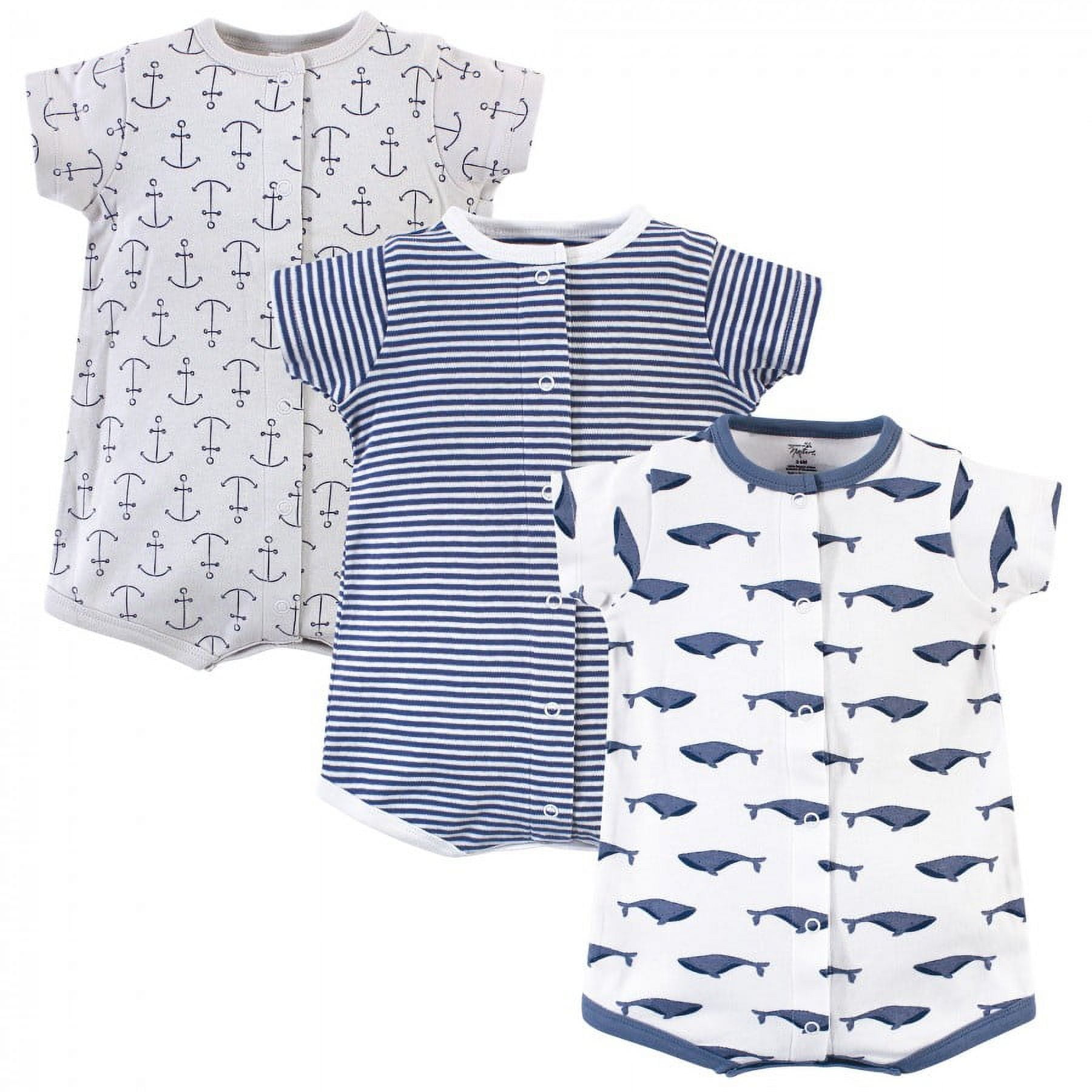 Touched by Nature Baby Boy Organic Cotton Rompers 3pk, Blue Whale, 9-12 Months