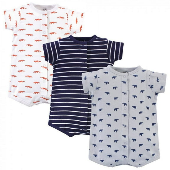 Touched by Nature Baby Boy Organic Cotton Rompers 3pk, Geometric Bear, 18-24 Months