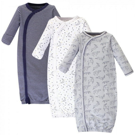 Touched by Nature Baby Boy Organic Cotton Side-Closure Snap Long-Sleeve Gowns 3pk, Constellation, 0-6 Months
