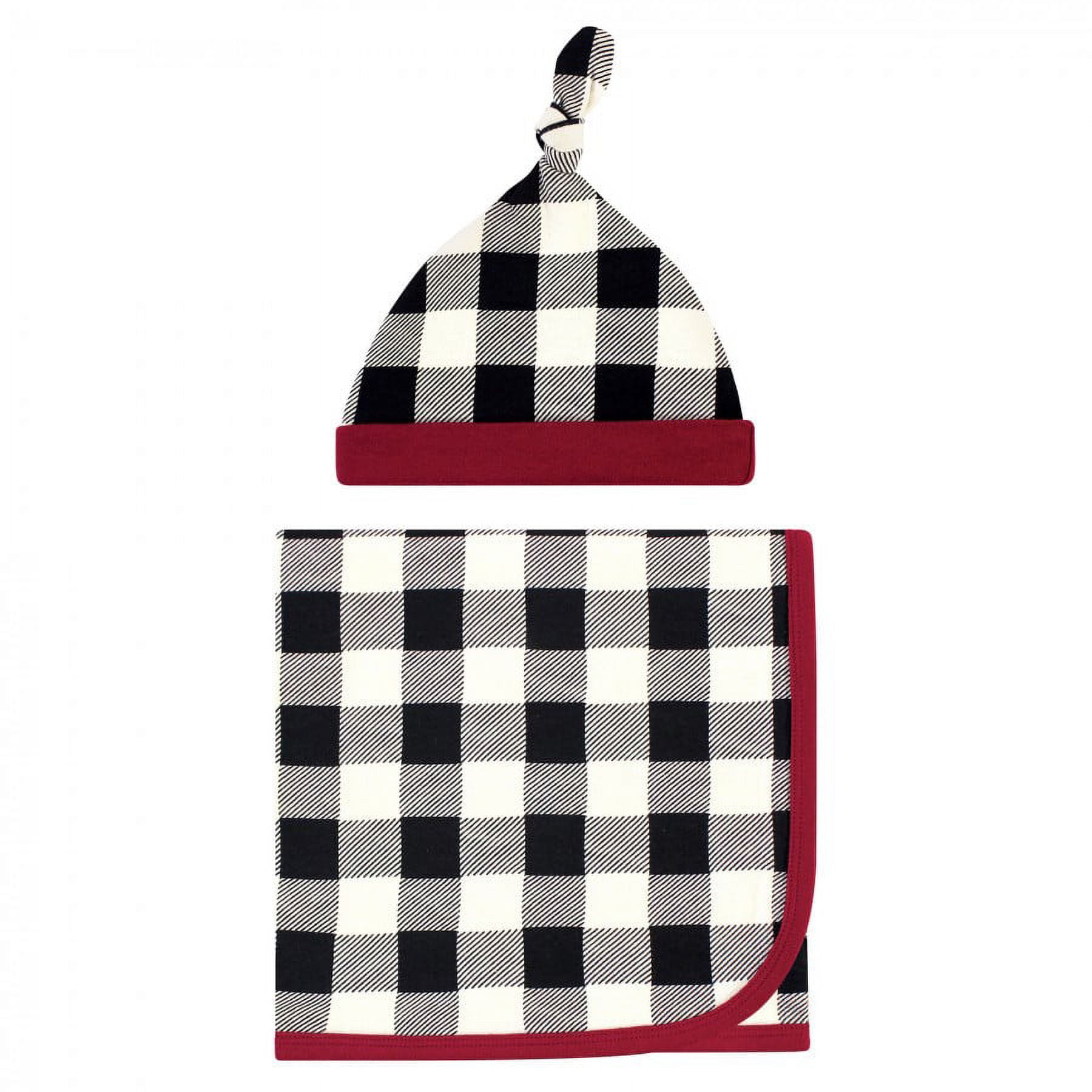 Touched by Nature Baby Boy Organic Cotton Swaddle Blanket and Headband or Cap, Black Plaid, One Size