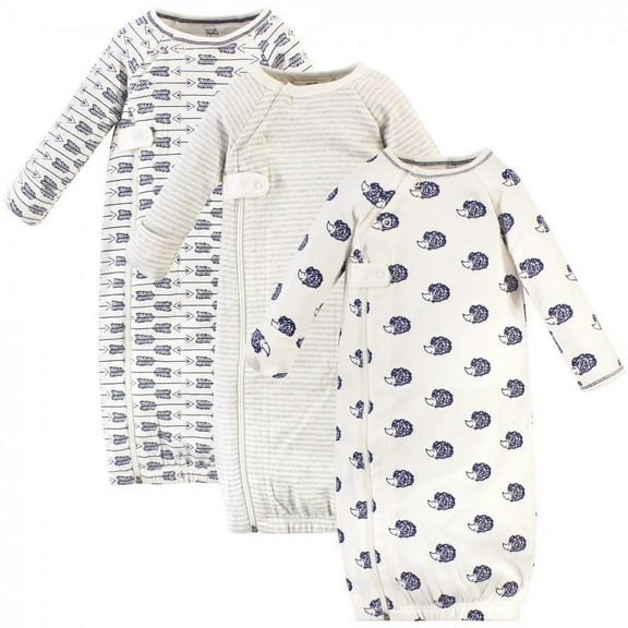 Touched by Nature Baby Boy Organic Cotton Zipper Long-Sleeve Gowns 3pk, Blue Hedgehog, 0-6 Months