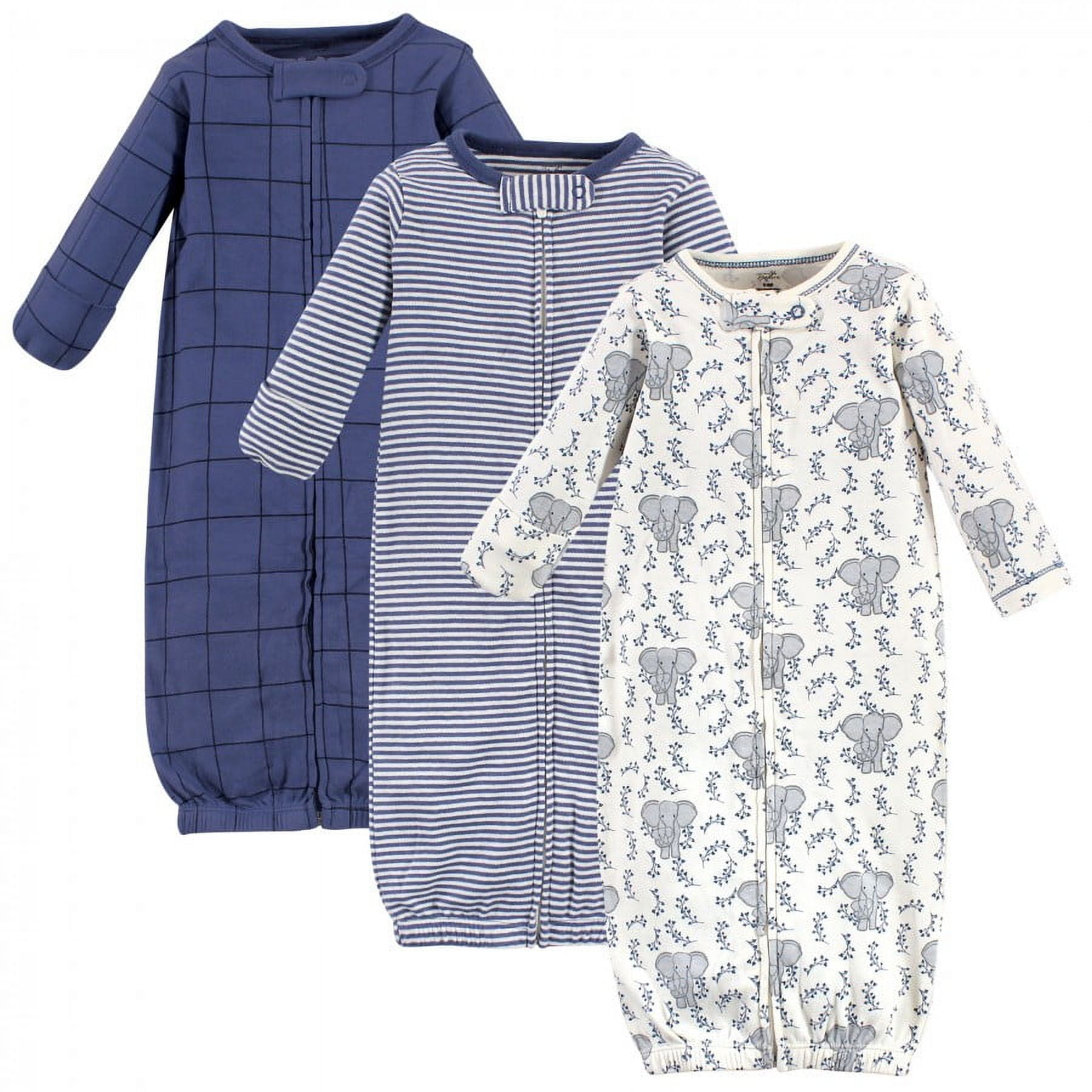 Touched by Nature Baby Boy Organic Cotton Zipper Long-Sleeve Gowns 3pk, Elephant, 0-6 Months